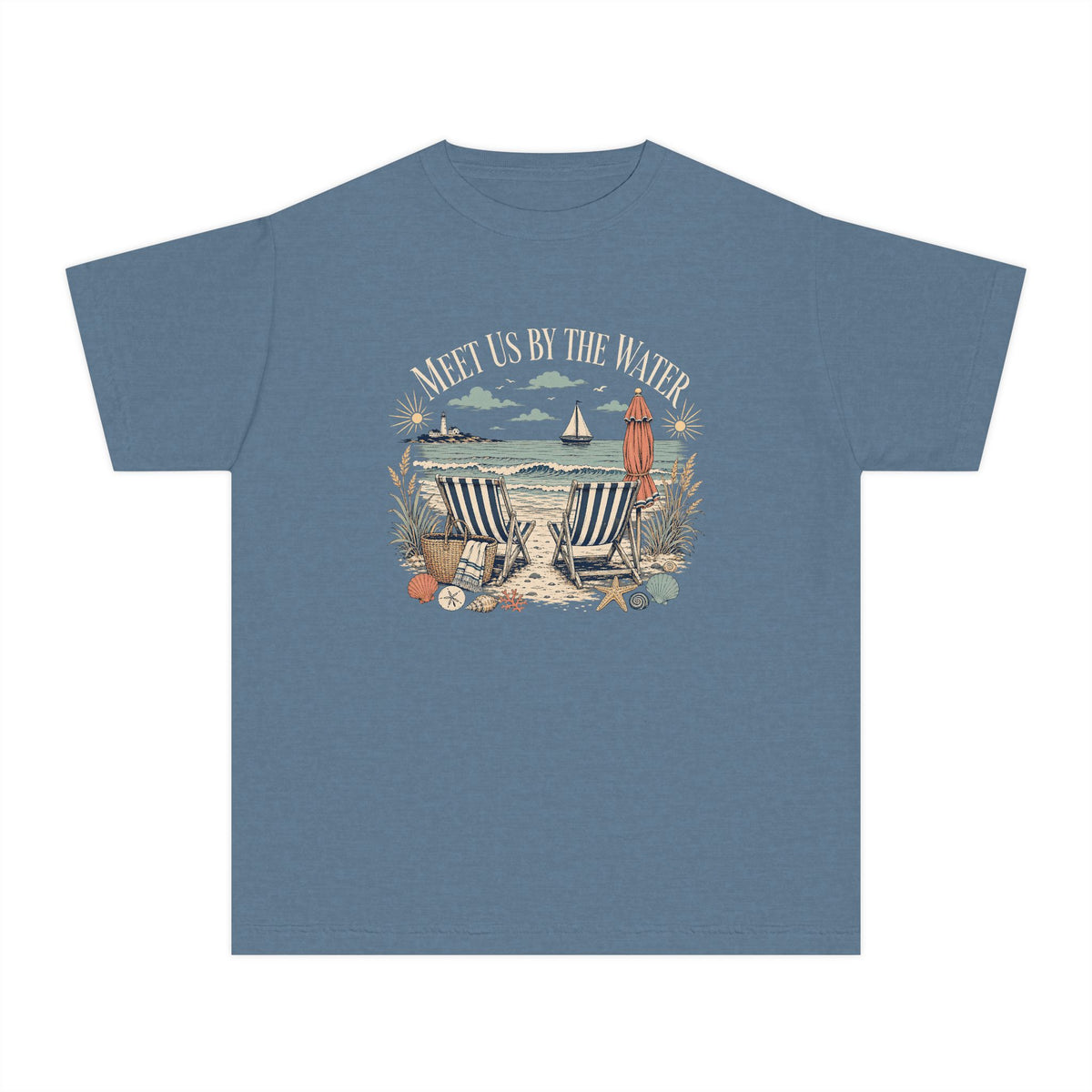 Meet Us By The Water Youth Tee – Kids' Comfort Colors Coastal Vacation Shirt in Blue Jean – flat lay