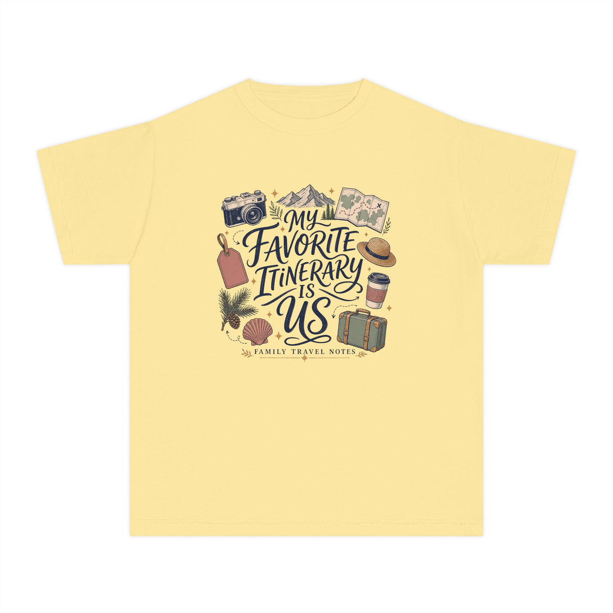 My Favorite Itinerary Is Us Youth Tee – Kids' Comfort Colors Family Travel Shirt in Butter – flat lay