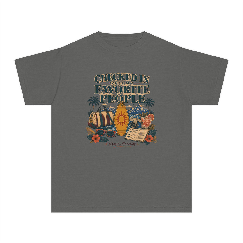 Checked In with My Favorite People Youth Tee – Kids' Comfort Colors Family Getaway Shirt in Pepper – flat lay