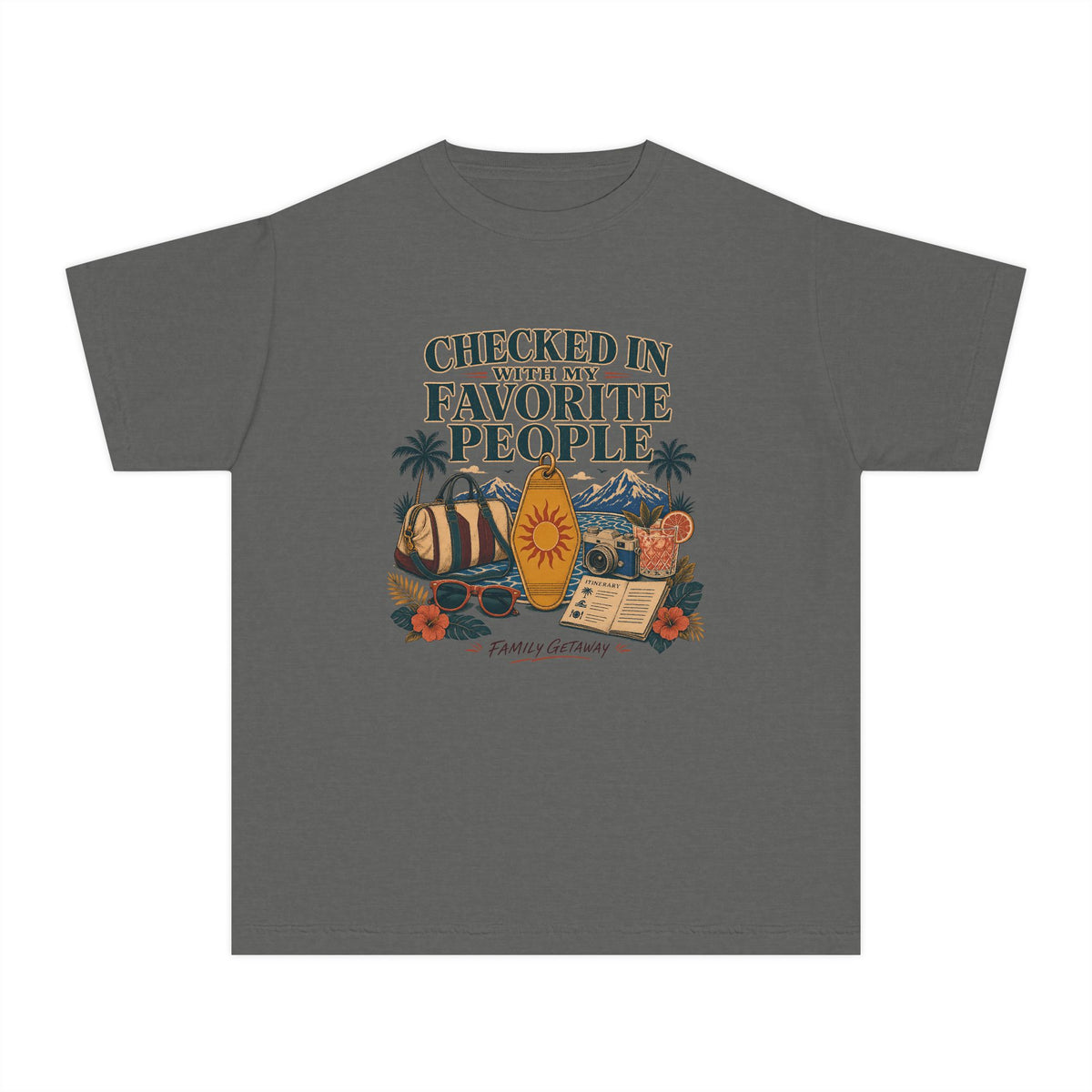 Checked In with My Favorite People Youth Tee – Kids' Comfort Colors Family Getaway Shirt in Pepper – flat lay