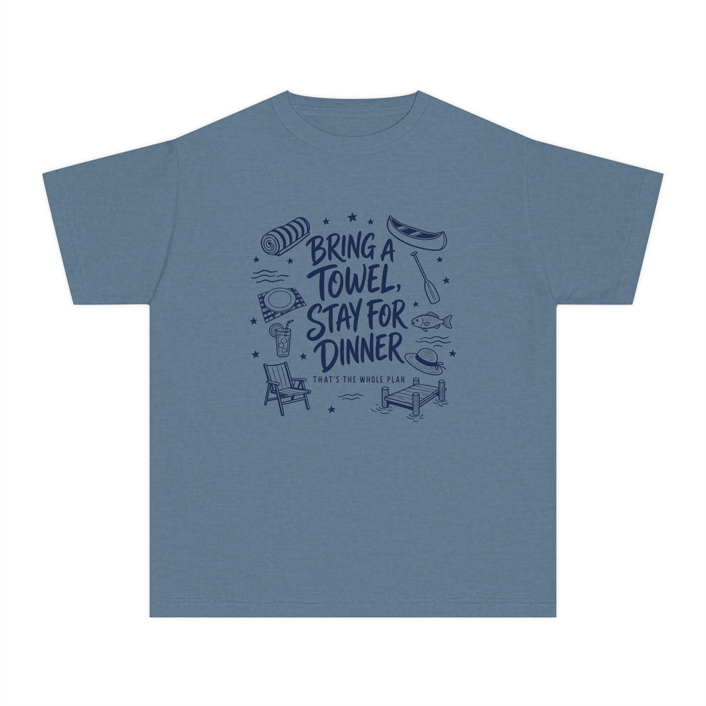 Bring a Towel Stay for Dinner Youth Tee – Kids' Comfort Colors Lake Vacation Shirt in Blue Jean – flat lay
