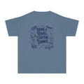 Bring a Towel Stay for Dinner Youth Tee – Kids' Comfort Colors Lake Vacation Shirt in Blue Jean – flat lay