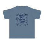 Bring a Towel Stay for Dinner Youth Tee – Kids' Comfort Colors Lake Vacation Shirt in Blue Jean – flat lay