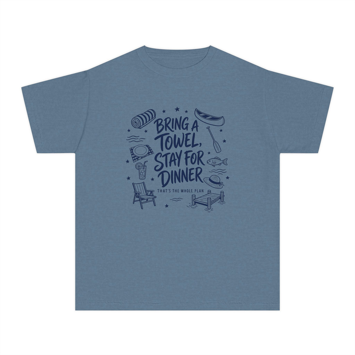 Bring a Towel Stay for Dinner Youth Tee – Kids' Comfort Colors Lake Vacation Shirt in Blue Jean – flat lay