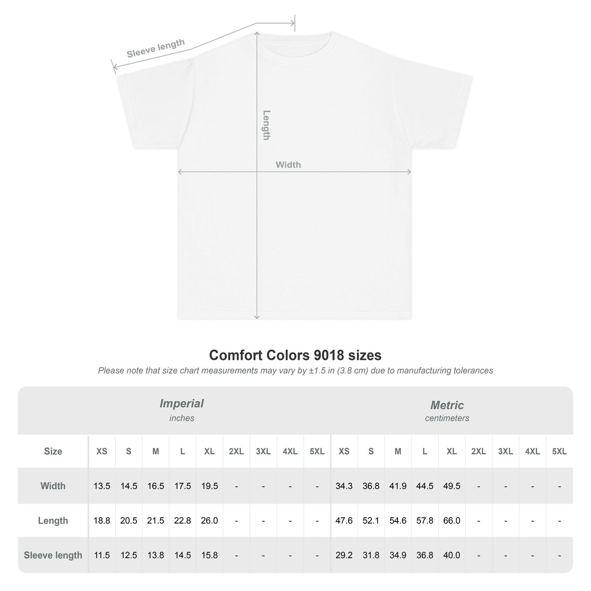 Comfort Colors 9018 youth tee size chart