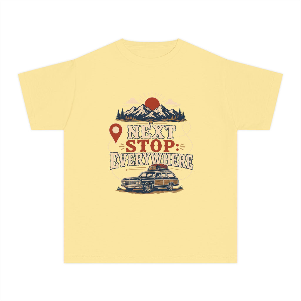 Next Stop Everywhere Youth Tee – Kids' Comfort Colors Road Trip Shirt in Butter – flat lay
