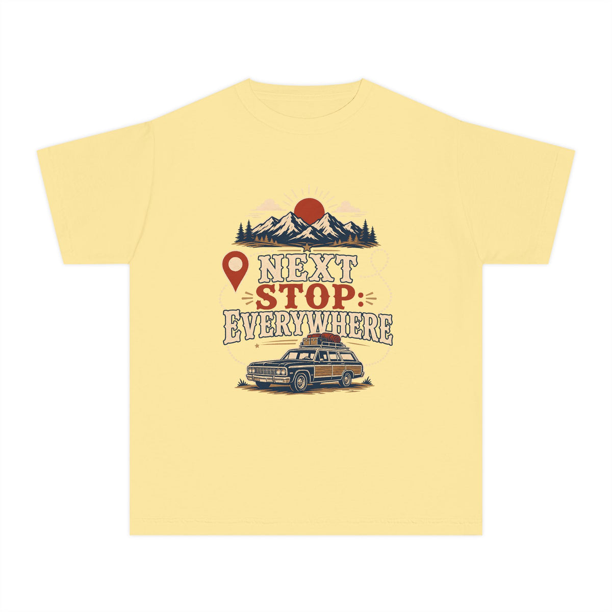 Next Stop Everywhere Youth Tee – Kids' Comfort Colors Road Trip Shirt in Butter – flat lay
