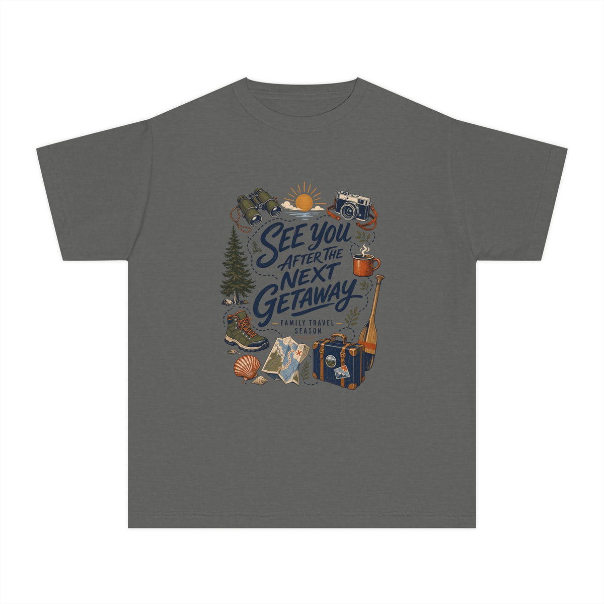 See You After the Next Getaway Youth Tee – Kids' Comfort Colors Family Travel Shirt in Pepper – flat lay