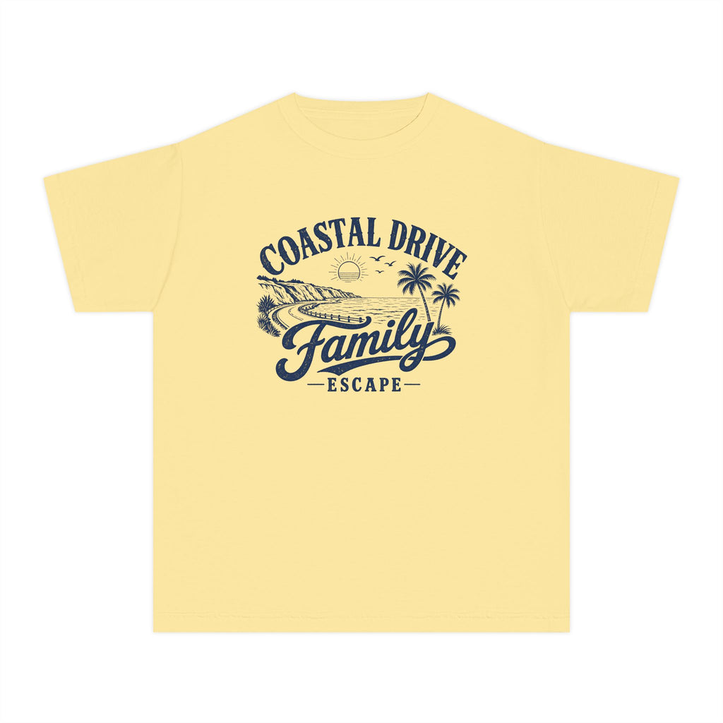 Coastal Drive Family Escape Youth Tee – Kids' Comfort Colors Beach Vacation Shirt in Butter – flat lay