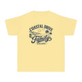 Coastal Drive Family Escape Youth Tee – Kids' Comfort Colors Beach Vacation Shirt in Butter – flat lay