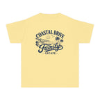 Coastal Drive Family Escape Youth Tee – Kids' Comfort Colors Beach Vacation Shirt in Butter – flat lay