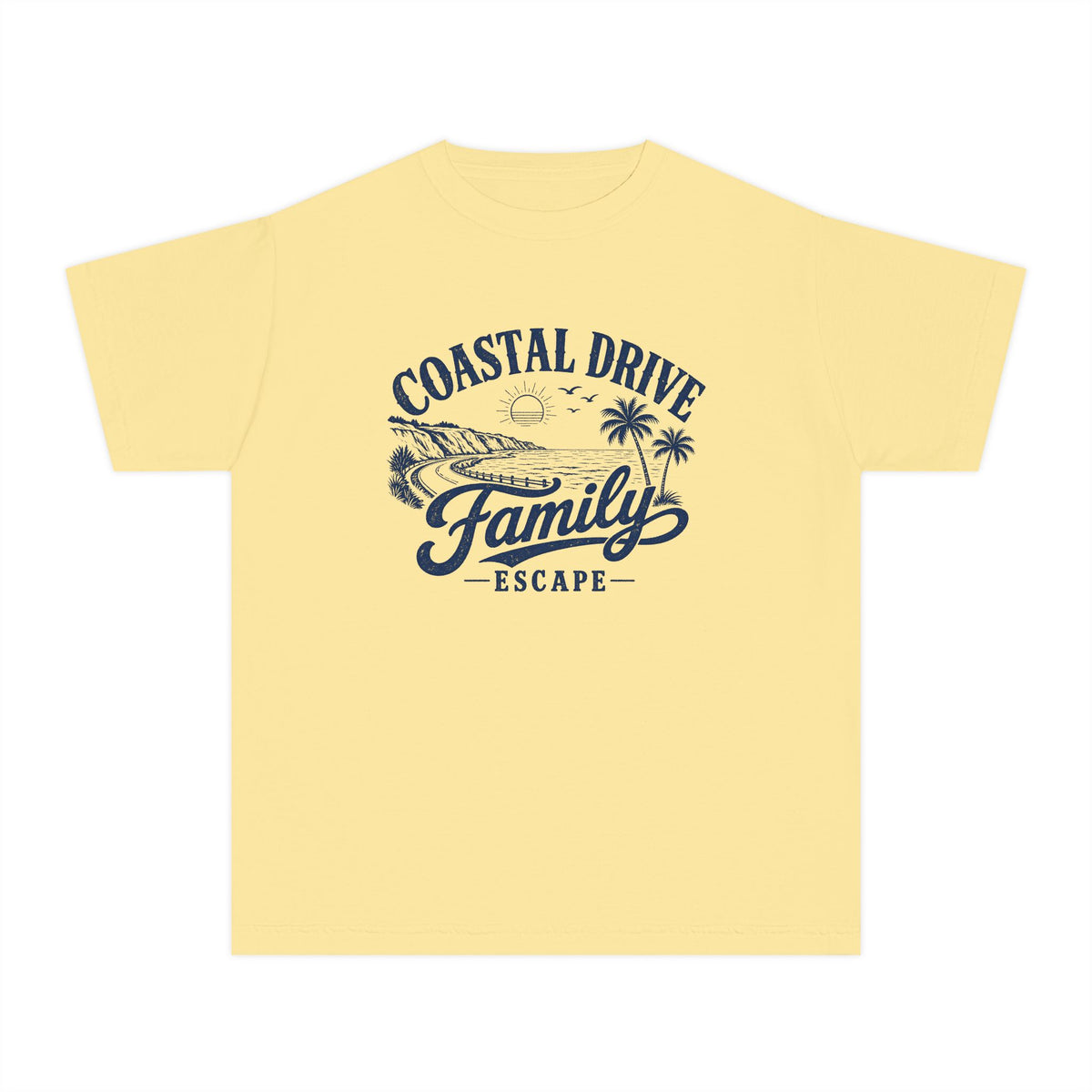 Coastal Drive Family Escape Youth Tee – Kids' Comfort Colors Beach Vacation Shirt in Butter – flat lay