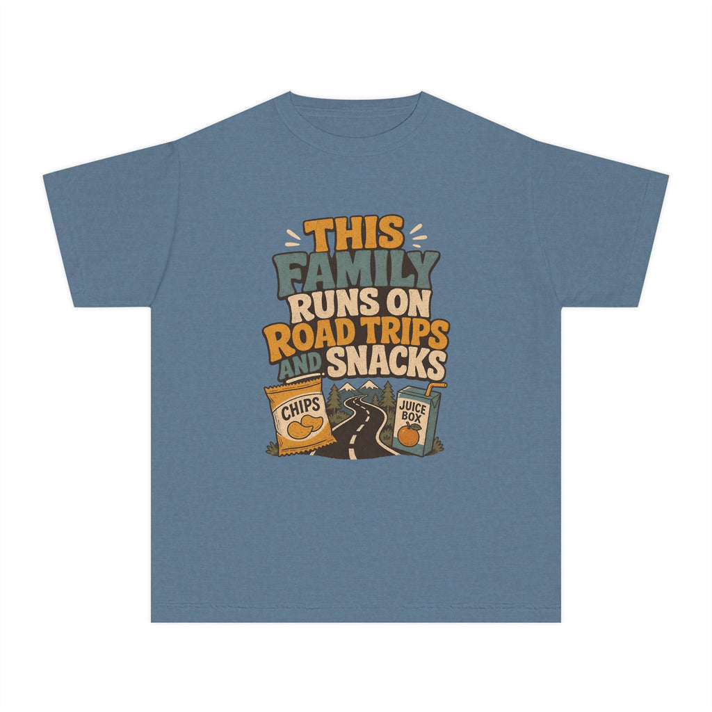 Road Trips and Snacks Youth Tee – Kids' Comfort Colors Family Travel Shirt in Blue Jean – flat lay