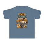 Road Trips and Snacks Youth Tee – Kids' Comfort Colors Family Travel Shirt in Blue Jean – flat lay
