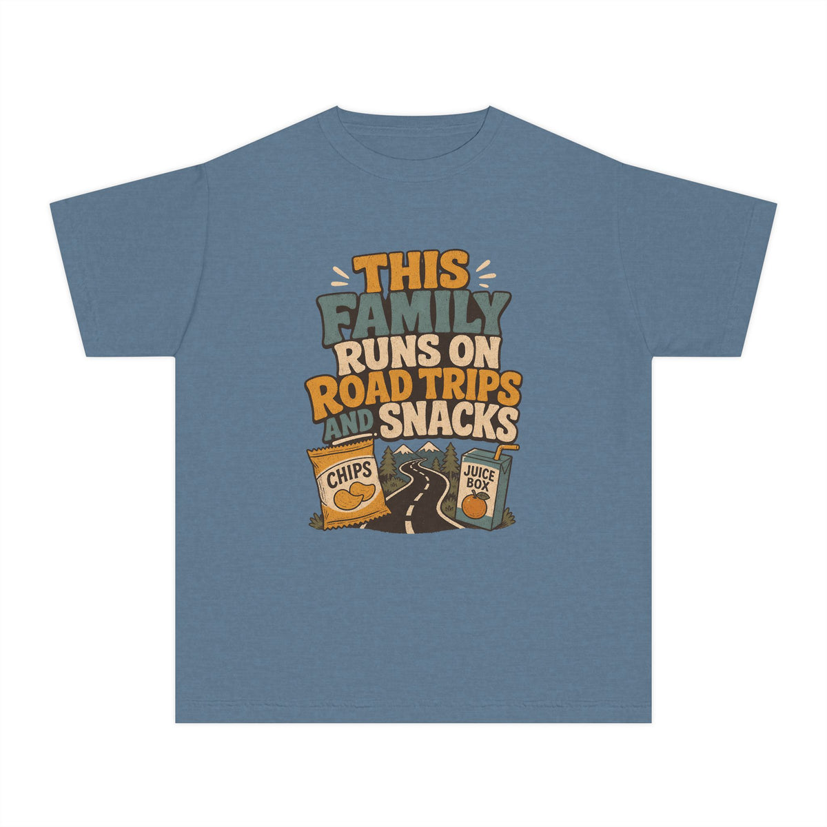 Road Trips and Snacks Youth Tee – Kids' Comfort Colors Family Travel Shirt in Blue Jean – flat lay