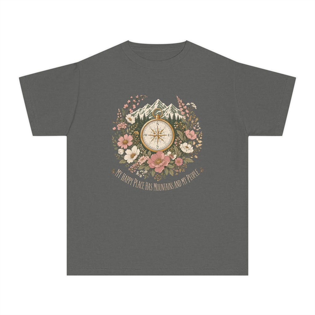 Mountains and My People Youth Tee – Kids' Comfort Colors Mountain Travel Shirt in Pepper – flat lay