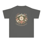 Mountains and My People Youth Tee – Kids' Comfort Colors Mountain Travel Shirt in Pepper – flat lay