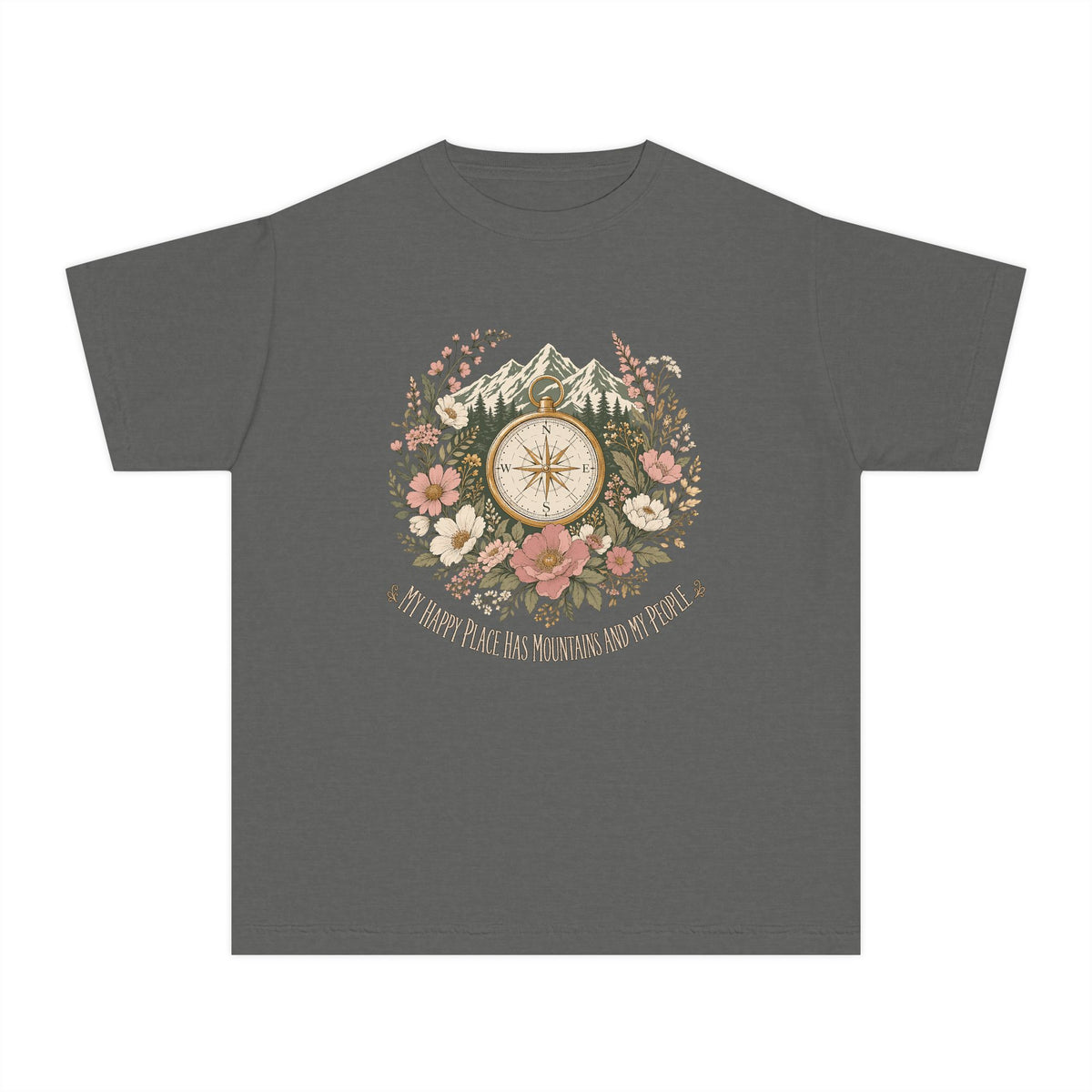 Mountains and My People Youth Tee – Kids' Comfort Colors Mountain Travel Shirt in Pepper – flat lay