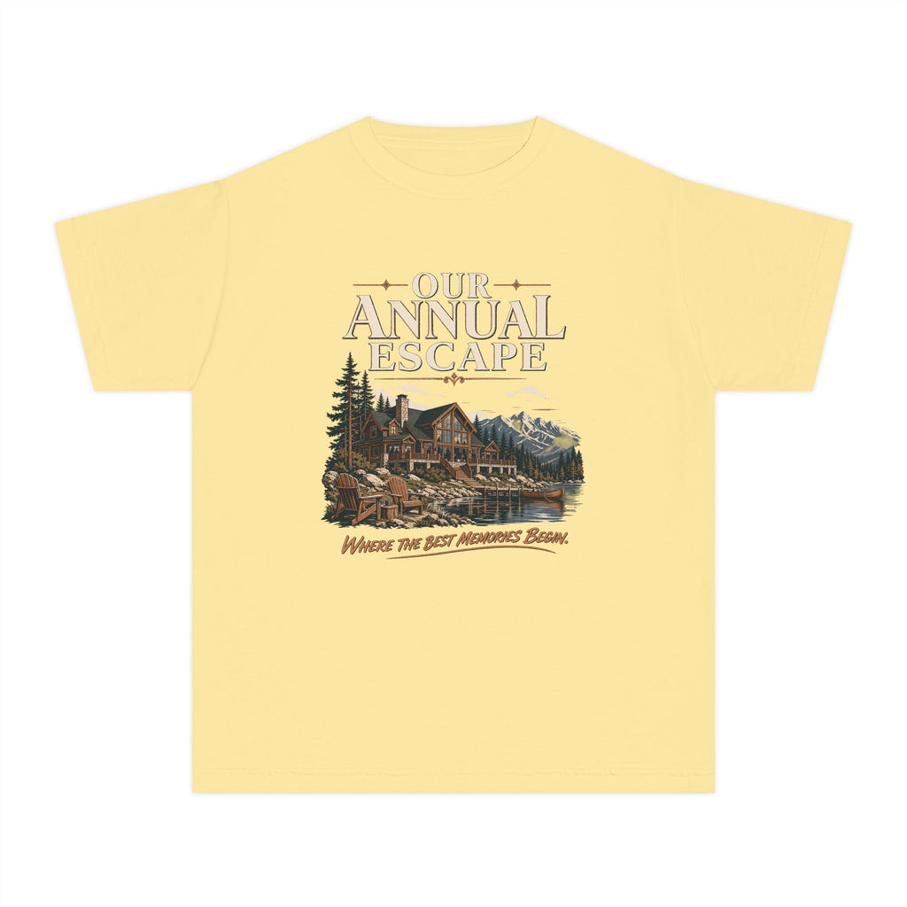 Our Annual Escape Youth Tee – Kids' Comfort Colors Lakeside Lodge Shirt in Butter – flat lay