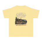 Our Annual Escape Youth Tee – Kids' Comfort Colors Lakeside Lodge Shirt in Butter – flat lay