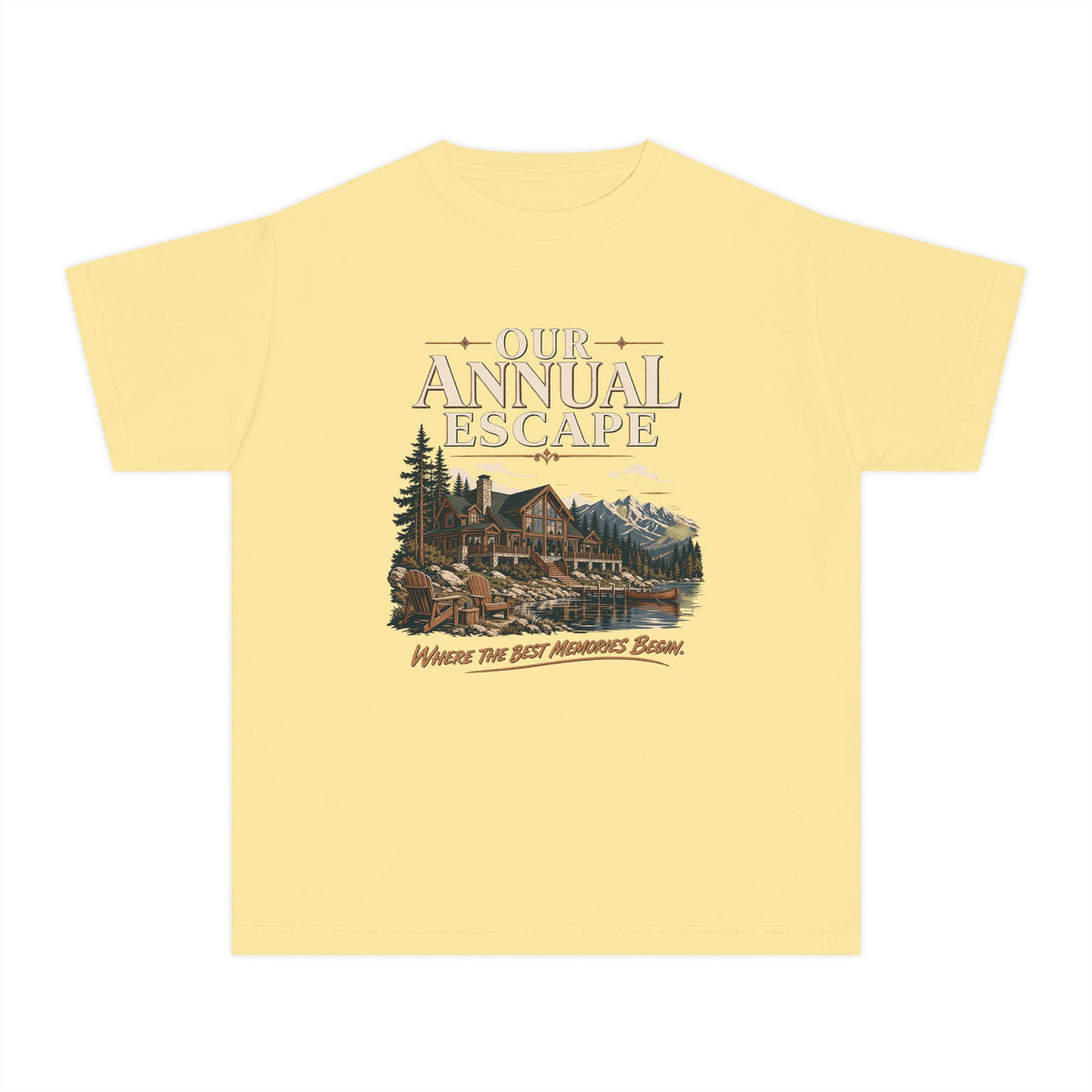Our Annual Escape Youth Tee – Kids' Comfort Colors Lakeside Lodge Shirt in Butter – flat lay