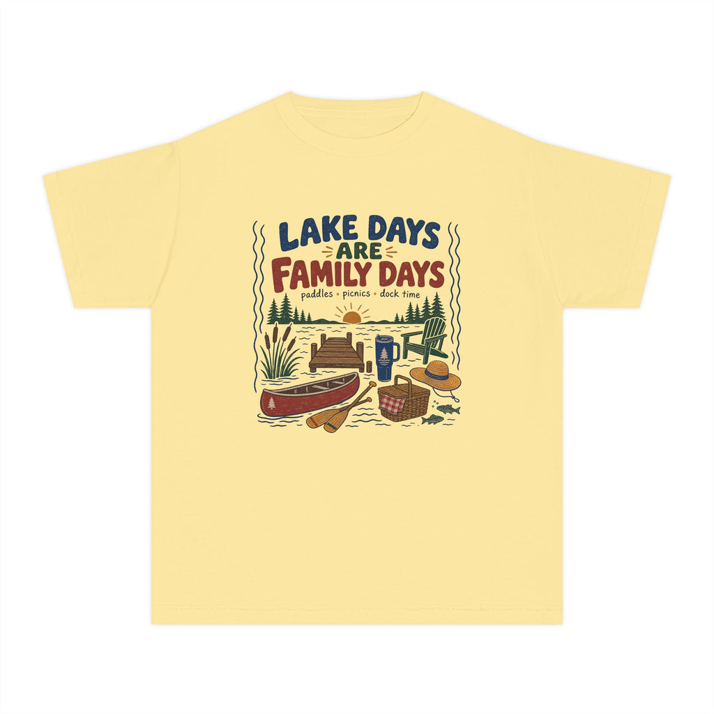Lake Days Are Family Days Youth Tee – Kids' Comfort Colors Lake Vacation Shirt in Butter – flat lay