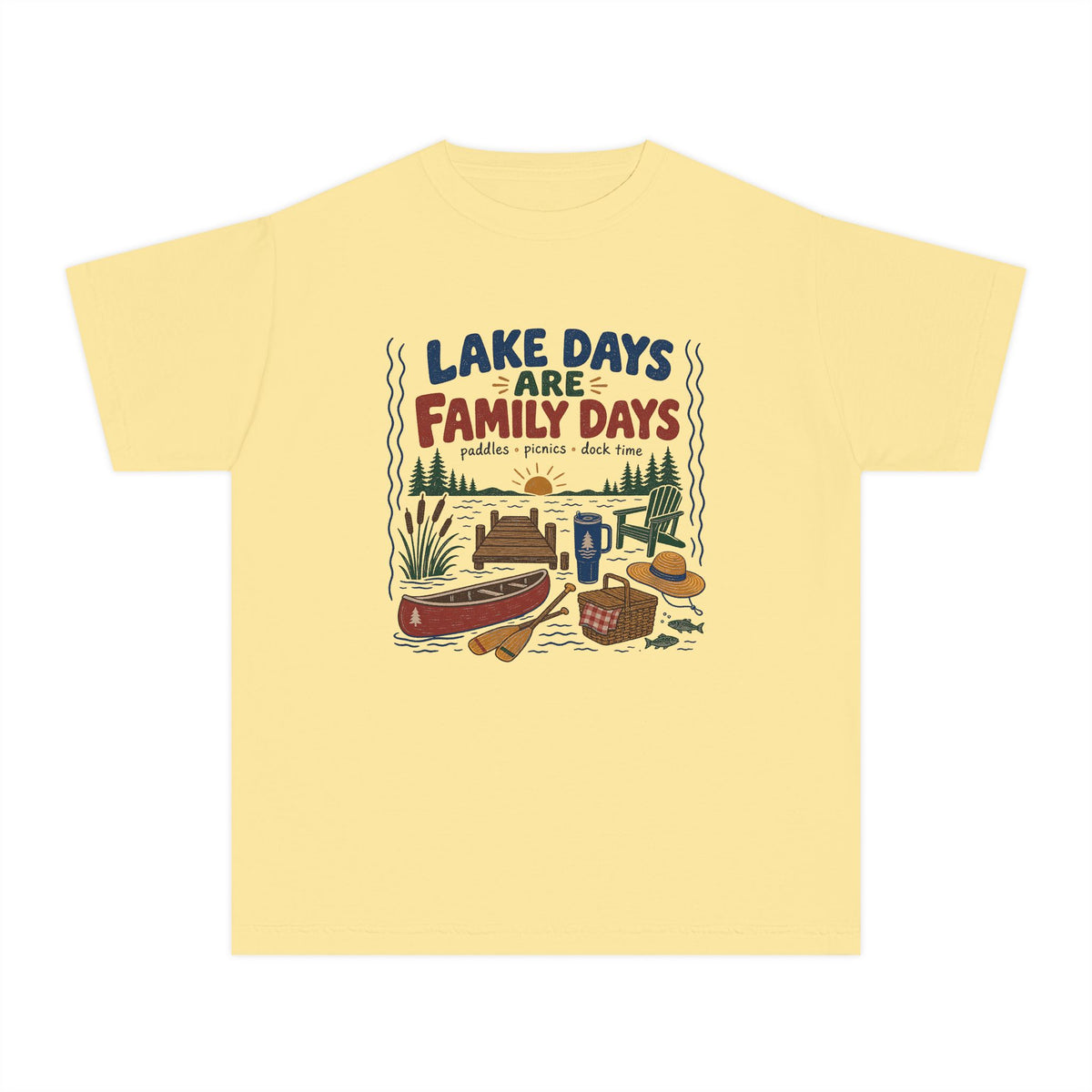 Lake Days Are Family Days Youth Tee – Kids' Comfort Colors Lake Vacation Shirt in Butter – flat lay