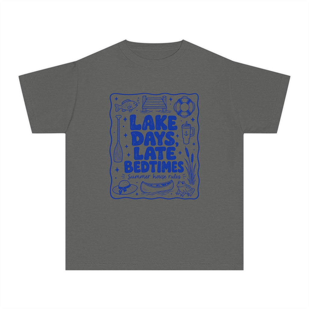 Lake Days Late Bedtimes Youth Tee – Kids' Comfort Colors Lake Vacation Shirt in Pepper – flat lay