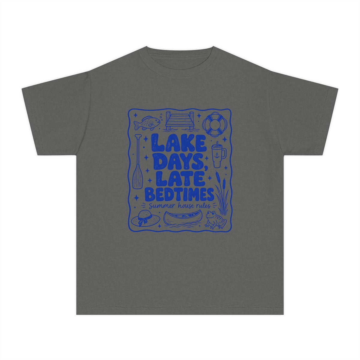 Lake Days Late Bedtimes Youth Tee – Kids' Comfort Colors Lake Vacation Shirt in Pepper – flat lay