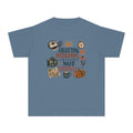 Collecting Weekends Not Things Youth Tee – Kids' Comfort Colors Family Getaway Shirt in Blue Jean – flat lay