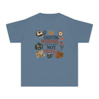Collecting Weekends Not Things Youth Tee – Kids' Comfort Colors Family Getaway Shirt in Blue Jean – flat lay