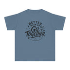 Better When We Go Together Travel Youth Tee – Kids' Comfort Colors Road Trip Shirt in Blue Jean – flat lay