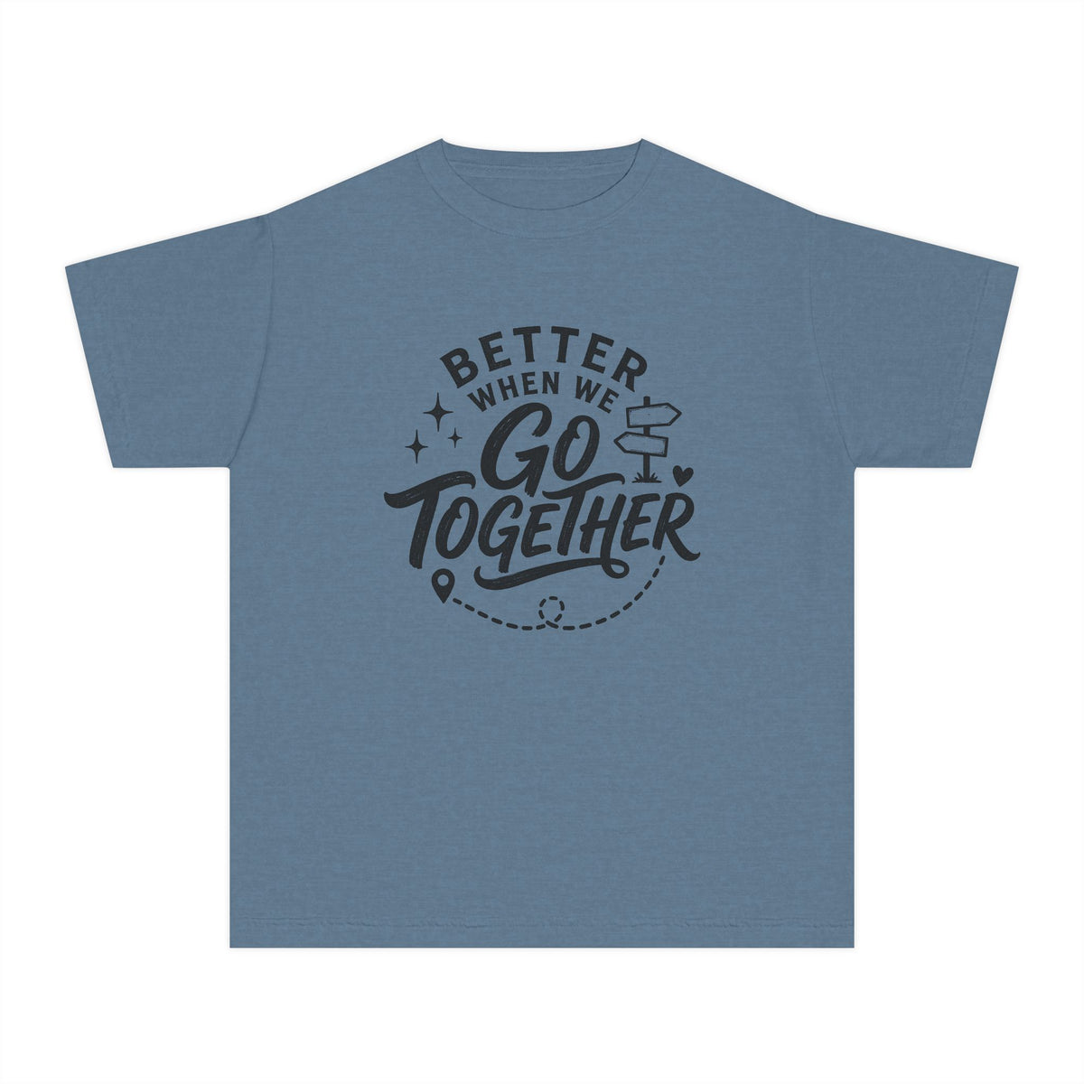 Better When We Go Together Travel Youth Tee – Kids' Comfort Colors Road Trip Shirt in Blue Jean – flat lay