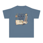 Planned With Love Lived Together Youth Tee – Kids' Comfort Colors Family Travel Shirt in Blue Jean – flat lay