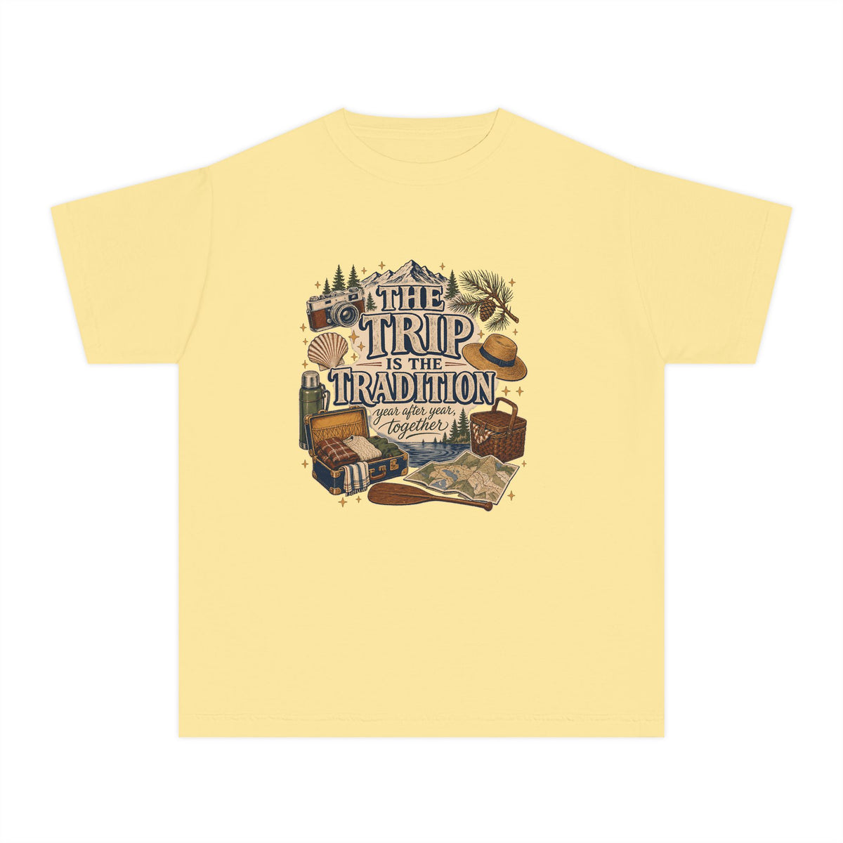 The Trip Is the Tradition Youth Tee – Kids' Comfort Colors Lake Vacation Shirt in Butter – flat lay