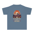 Follow the Trail Home Youth Tee – Kids' Comfort Colors Mountain Adventure Shirt in Blue Jean – flat lay
