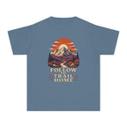 Follow the Trail Home Youth Tee – Kids' Comfort Colors Mountain Adventure Shirt in Blue Jean – flat lay