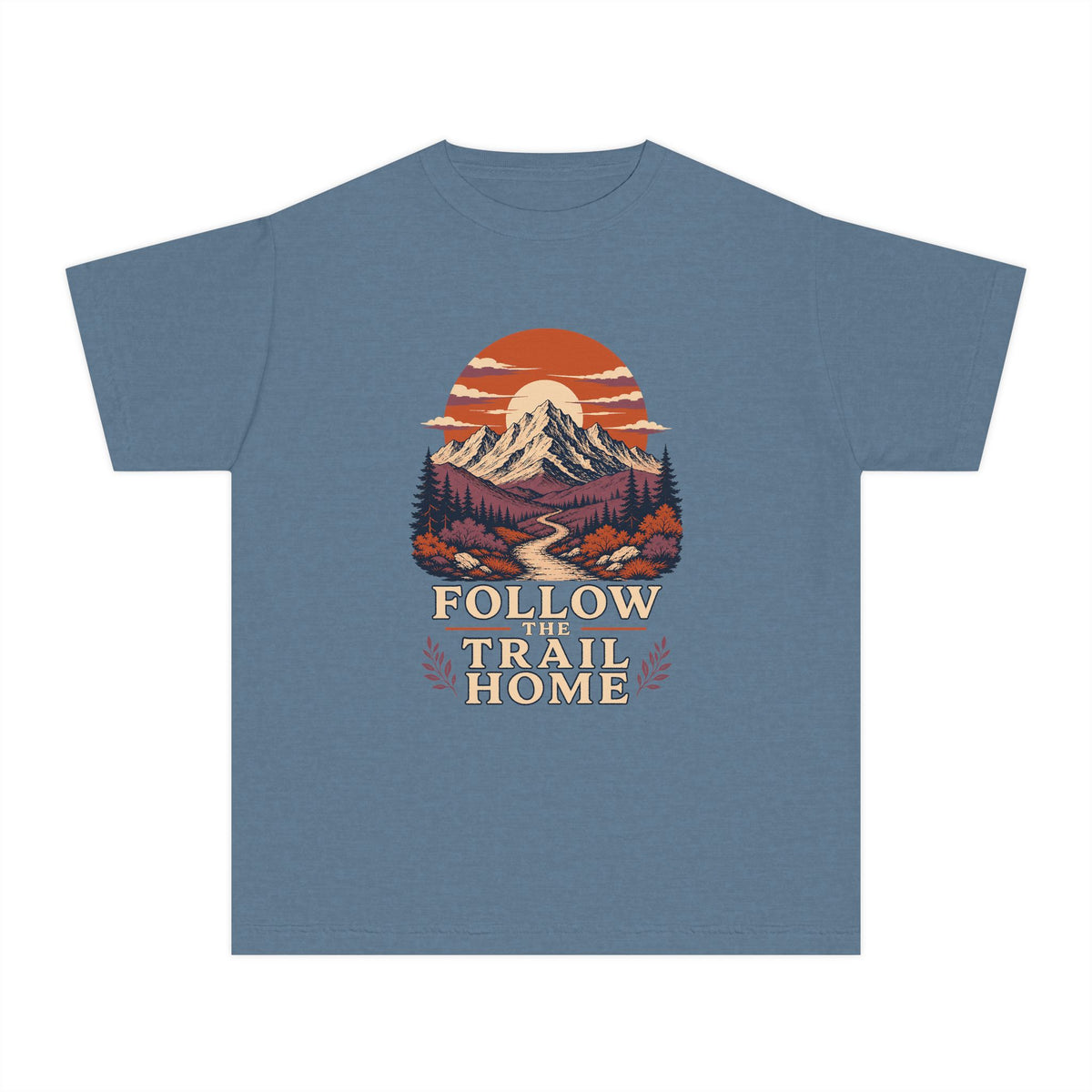 Follow the Trail Home Youth Tee – Kids' Comfort Colors Mountain Adventure Shirt in Blue Jean – flat lay