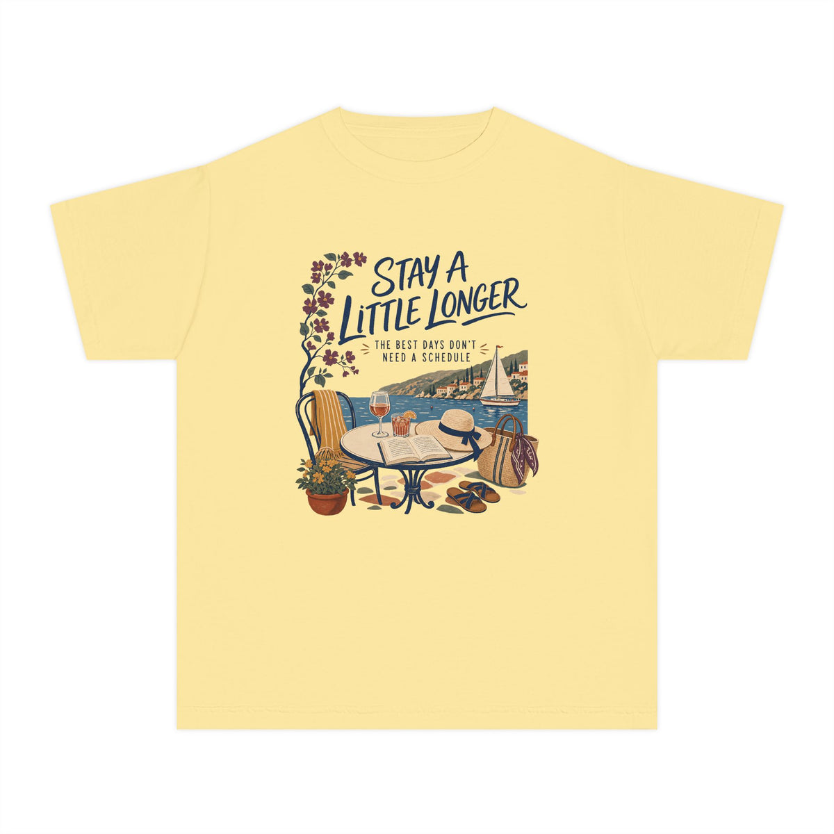 Stay a Little Longer Youth Tee – Kids' Comfort Colors Family Travel Shirt in Butter – flat lay