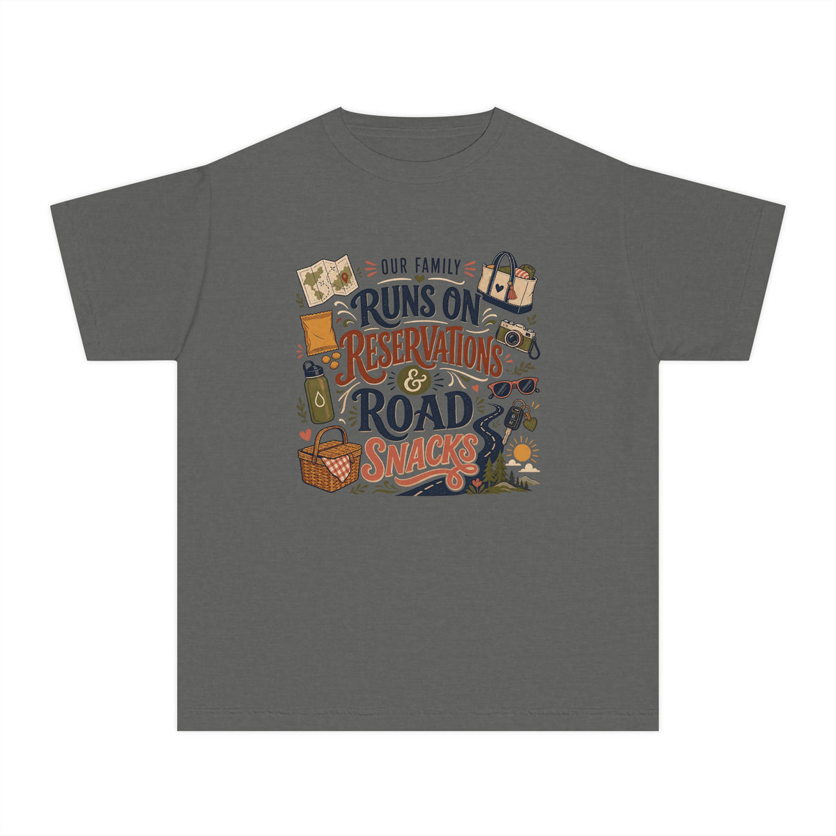 Our Family Runs on Reservations and Road Snacks Youth Tee – Kids' Comfort Colors Road Trip Shirt in Pepper – flat lay