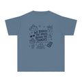 We Booked the House Bring the Snacks Youth Tee – Kids' Comfort Colors Family Getaway Shirt in Blue Jean – flat lay