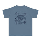 We Booked the House Bring the Snacks Youth Tee – Kids' Comfort Colors Family Getaway Shirt in Blue Jean – flat lay