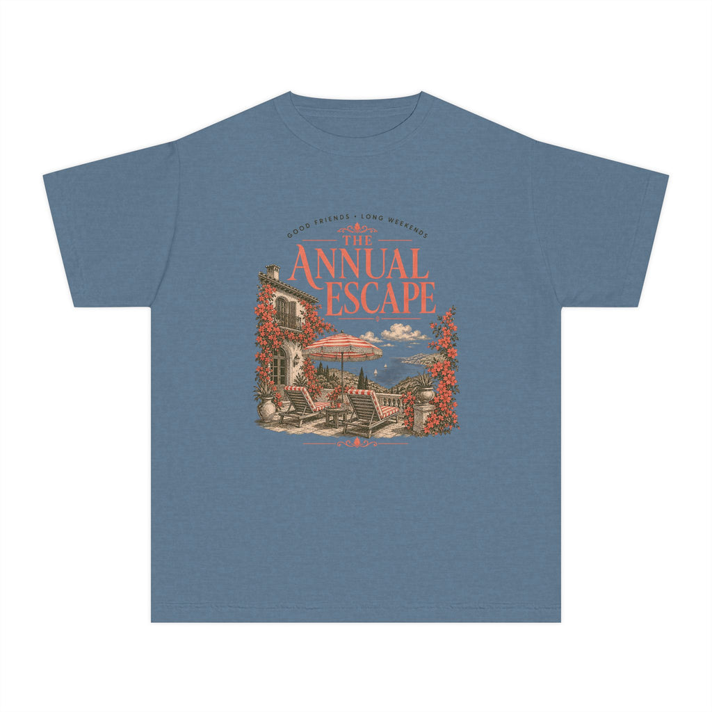 The Annual Escape Youth Tee – Kids' Comfort Colors Family Travel Shirt in Blue Jean – flat lay