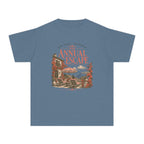 The Annual Escape Youth Tee – Kids' Comfort Colors Family Travel Shirt in Blue Jean – flat lay
