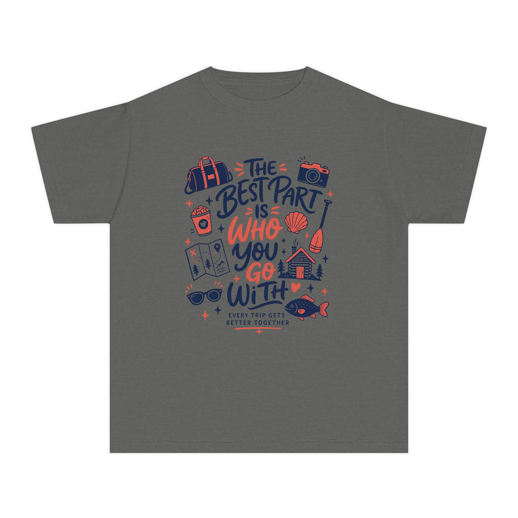 The Best Part Is Who You Go With Youth Tee – Kids' Comfort Colors Family Travel Shirt in Pepper – flat lay