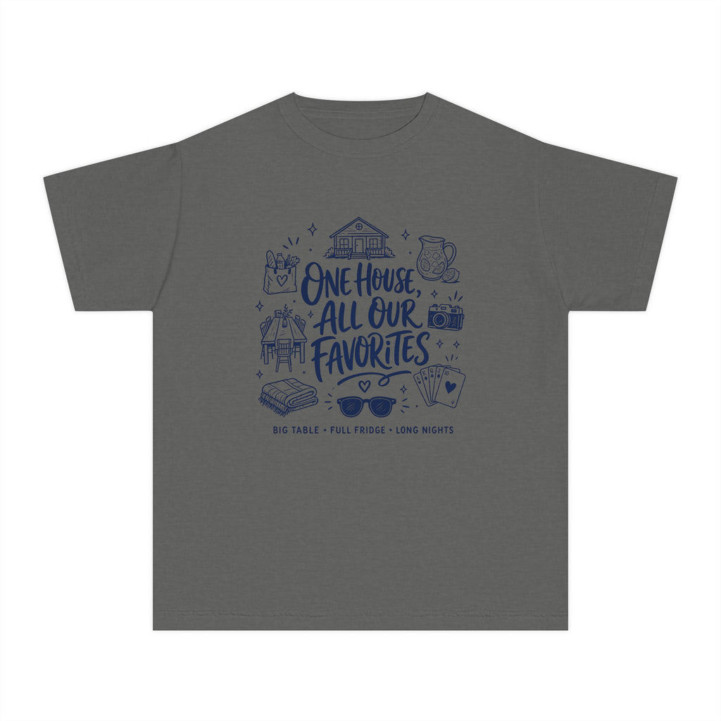 One House All Our Favorites Youth Tee – Kids' Comfort Colors Family Getaway Shirt in Pepper – flat lay