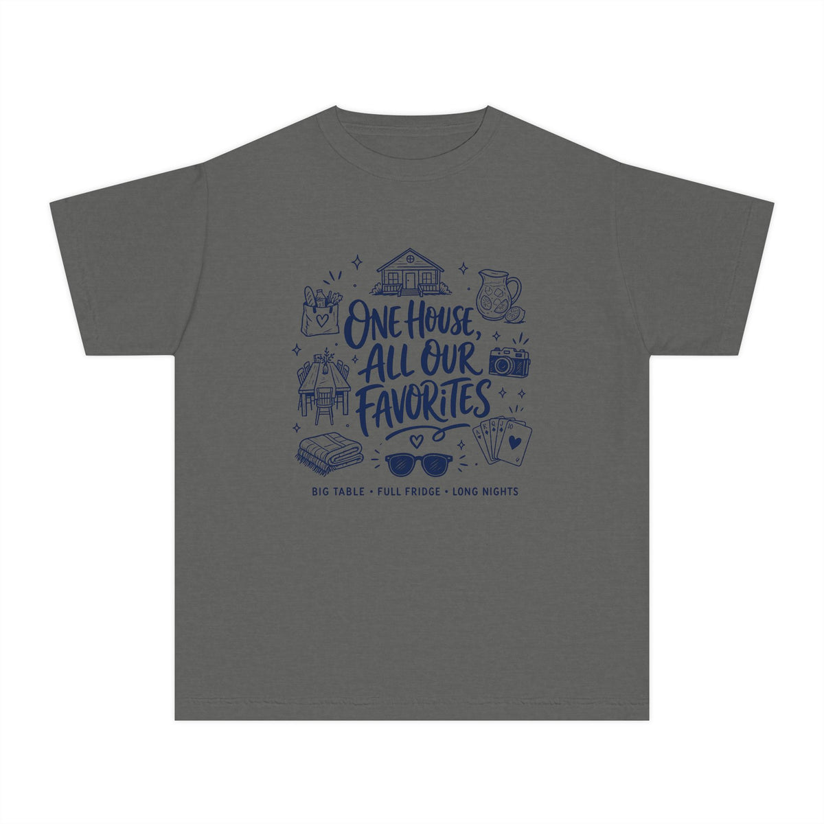 One House All Our Favorites Youth Tee – Kids' Comfort Colors Family Getaway Shirt in Pepper – flat lay