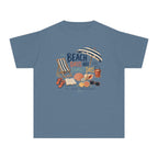 Beach Days Are Family Days Youth Tee – Kids' Comfort Colors Beach Vacation Shirt in Blue Jean – flat lay
