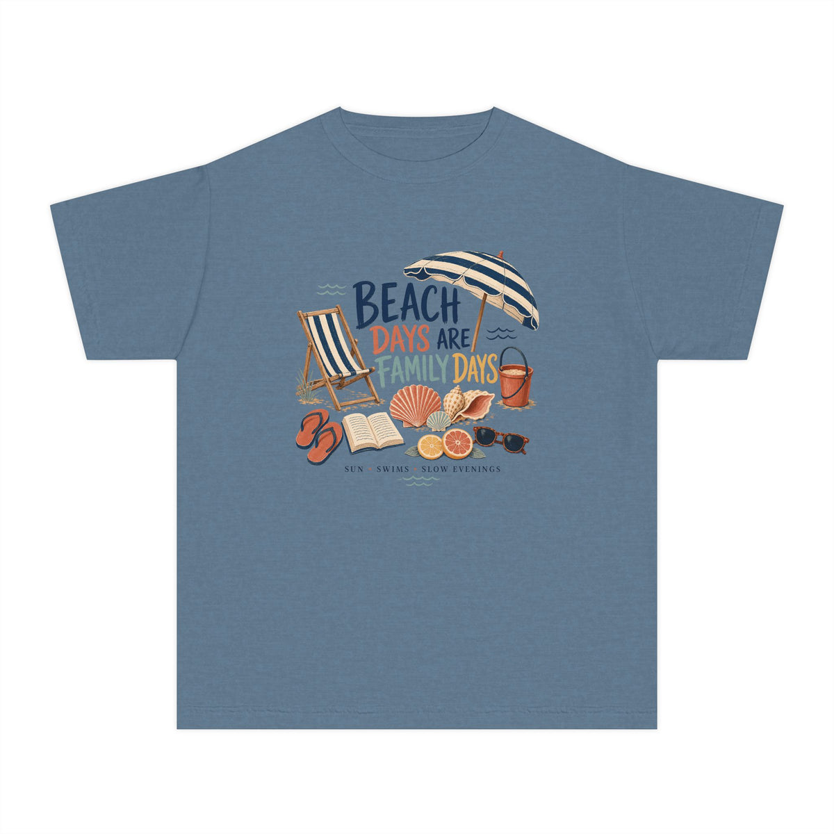 Beach Days Are Family Days Youth Tee – Kids' Comfort Colors Beach Vacation Shirt in Blue Jean – flat lay