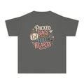 Packed Bags and Full Hearts Youth Tee – Kids' Comfort Colors Vacation Shirt in Pepper – flat lay